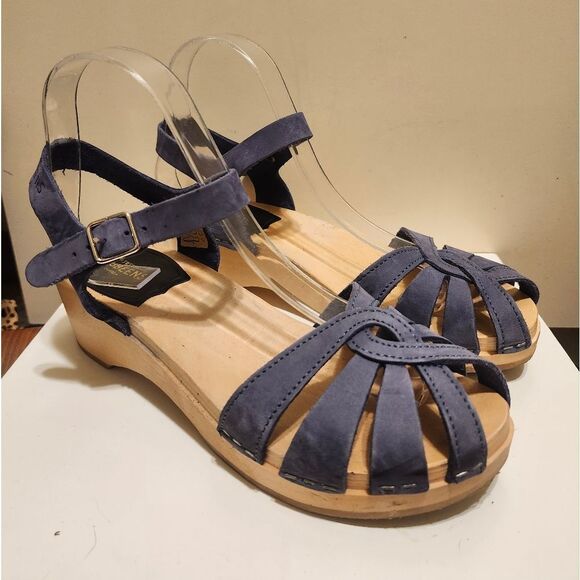 Swedish Hasbeens Shoes - Swedish Hasbeens Blue Braided Leather Strappy Open Toe Clogs Sz.7/37 Ret. $269